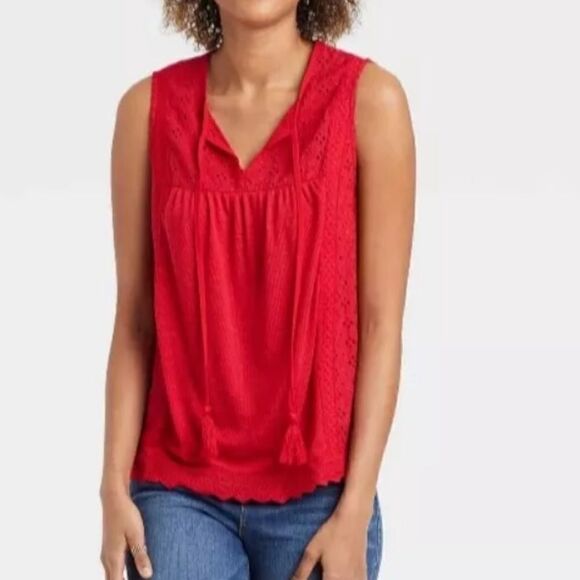 Knox Rose Tops - Knox rose Red L XL eyelet blouse boho tassel sleeveless shirt tank